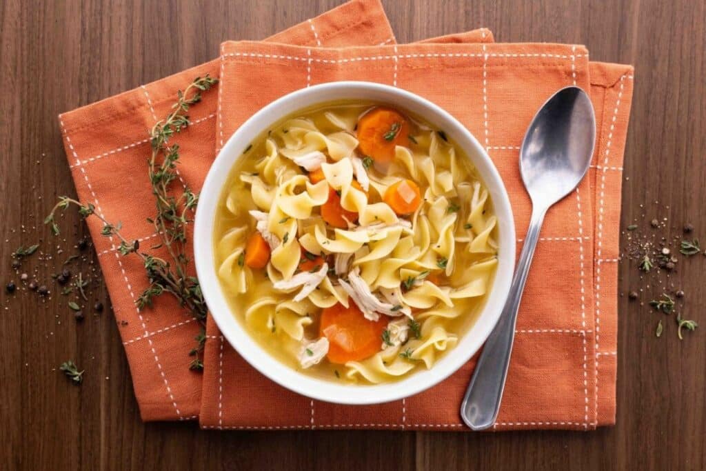 Chicken Noodle Soup Served In Bowl